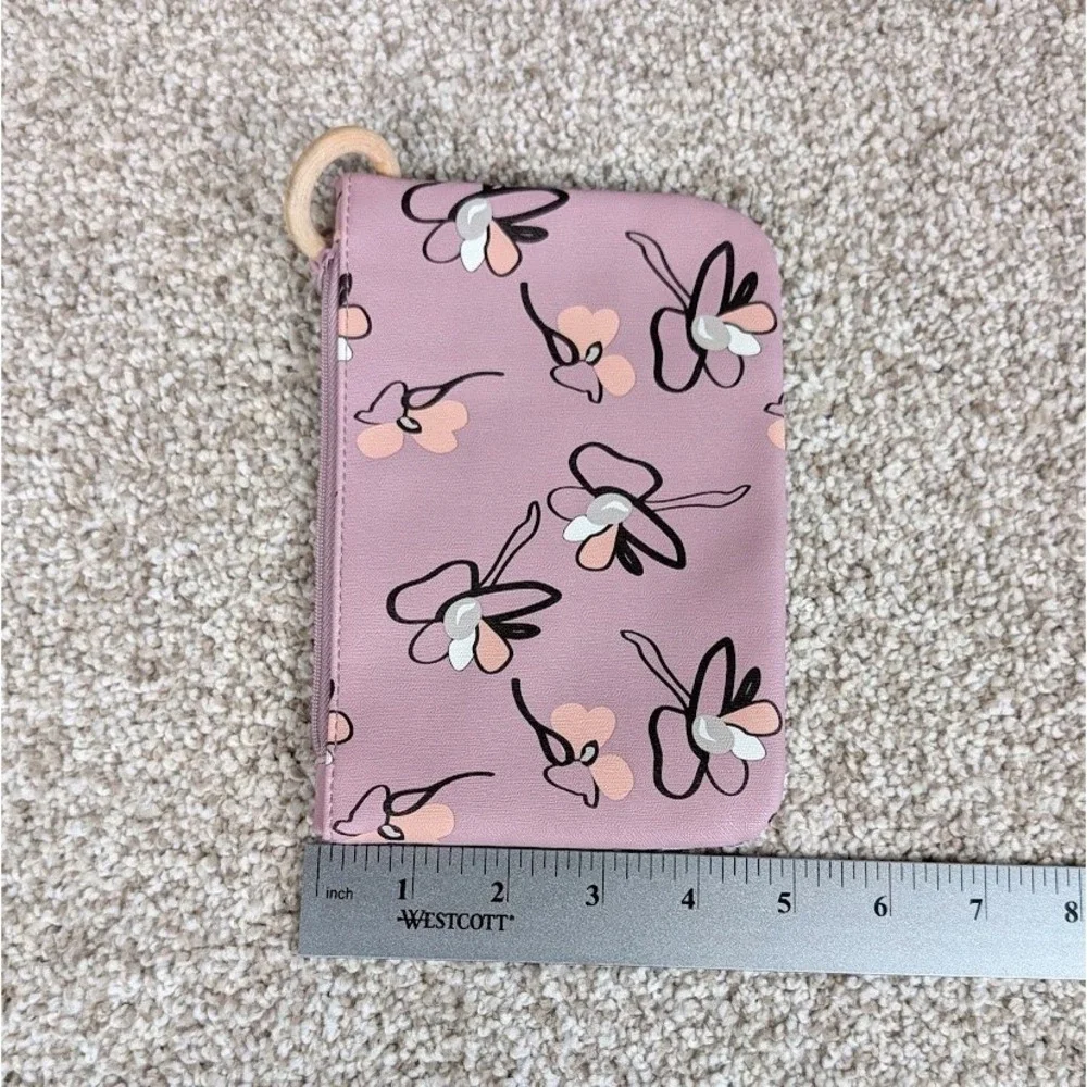 IPSY Lavender Floral Makeup Bag Pouch Cosmetic Zipper Bag Wooden Ring Charm